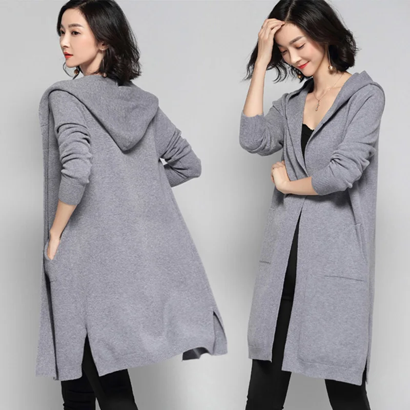 Long Cardigan Women Sweater Winter 2020 New Casual Autumn Sleeve Knitted Kimono With A Hood Female Big Coat Jacket |