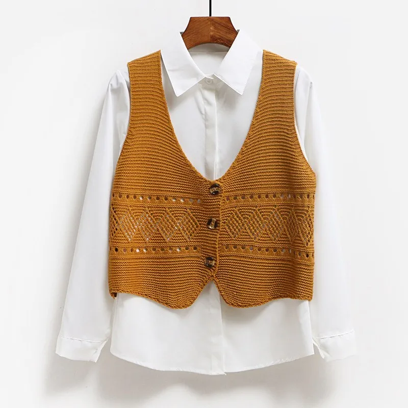 Асимметричный вязаный жилет с цветочным узором и v образным вырезом Осенний