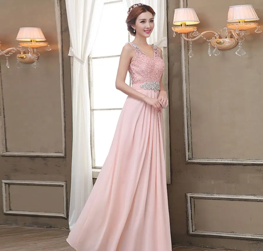 Vestido madrinha кружевной шифоновый Кристалл ремень сексуальный v-образный вырез трапециевидной формы бирюзовый фиолетовый розовый королевский синий платье подружки невесты длинное sukienk - Цвет: Розовый