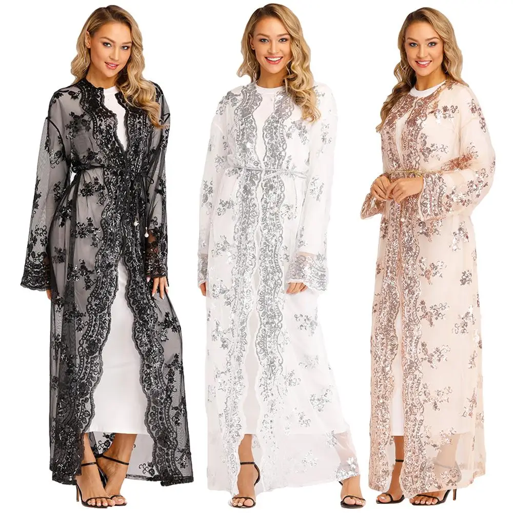 Женский длинный кардиган с блестками Abaya мусульманское кимоно открытой передней