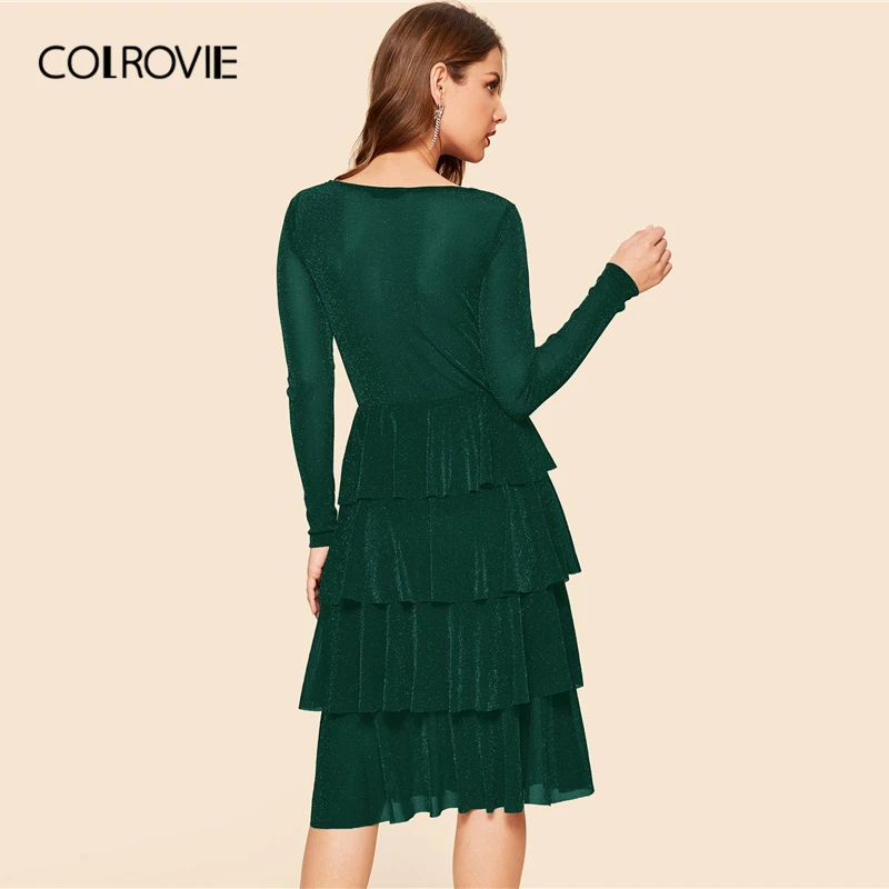 COLROVIE, зеленое платье с запахом, многослойное, с рюшами, блестящее платье для женщин,, Гламурное, весна-лето, v-образный вырез, женские облегающие и Расклешенные платья