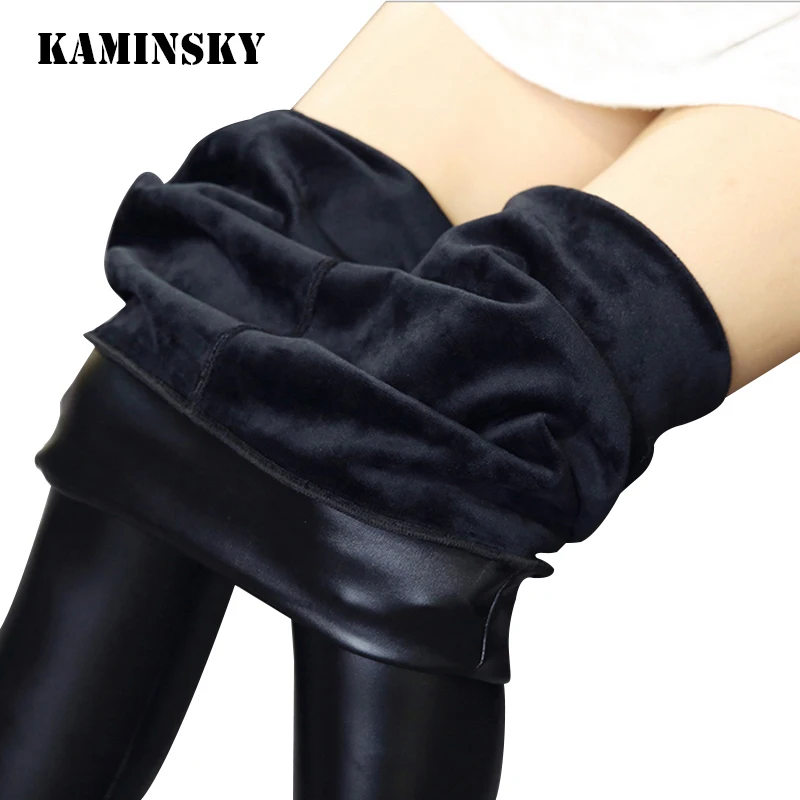 Kaminsky L-4XL Женские зимние кожаные брюки больших размеров, теплые бархатные брюки с высокой талией, женские плотные тонкие кожаные леггинсы