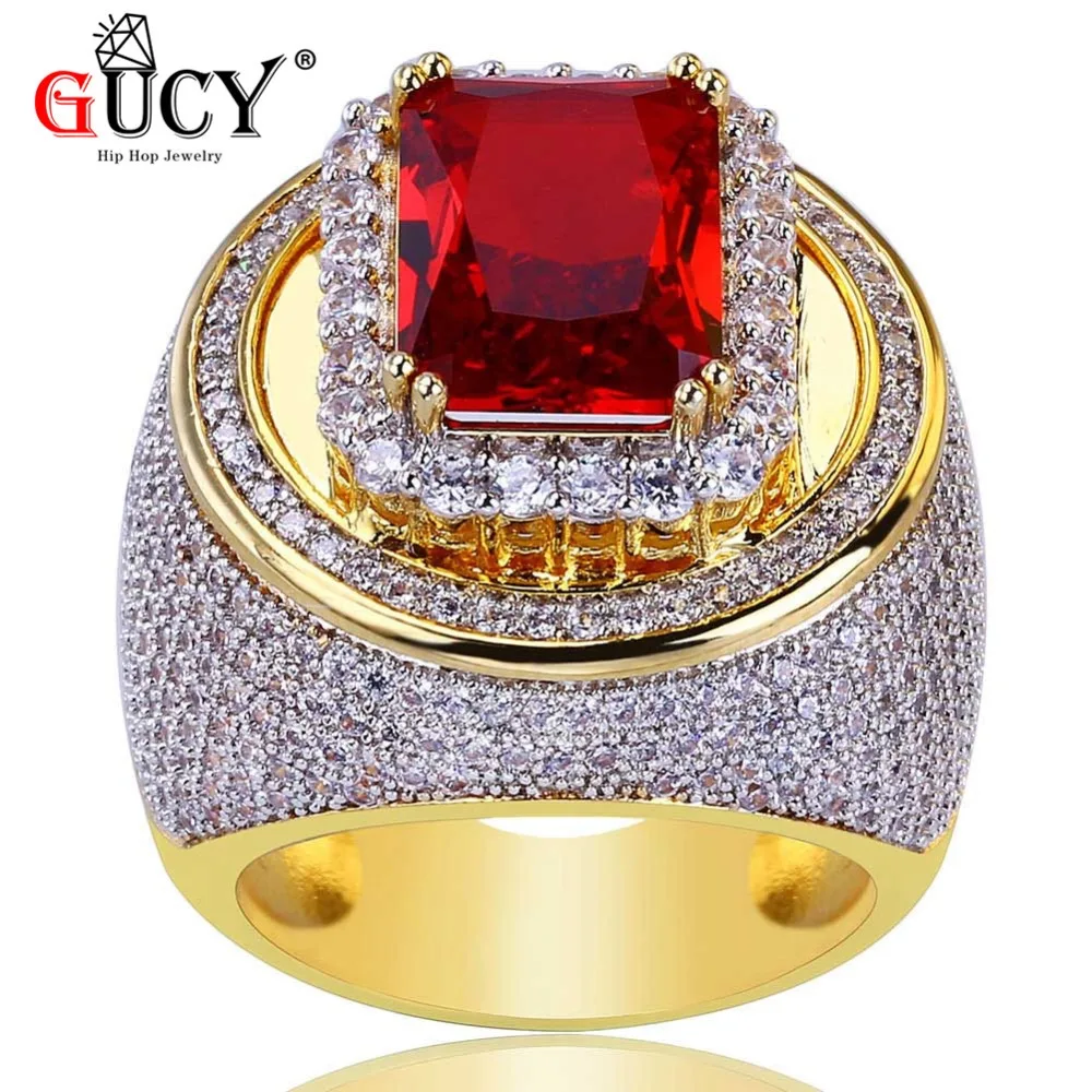 GUCY Iced Out кольцо в стиле хип-хоп позолота кубический циркон большое кольцо с красным камнем Индивидуальность Мода для мужчин и женщин ювелирные изделия подарок Любителя