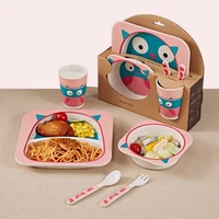 5pcsset bamboo fiber tableware sets eco friendly cute cartoon animal children dish bowl fork cup dinnerware feeding baby gifts