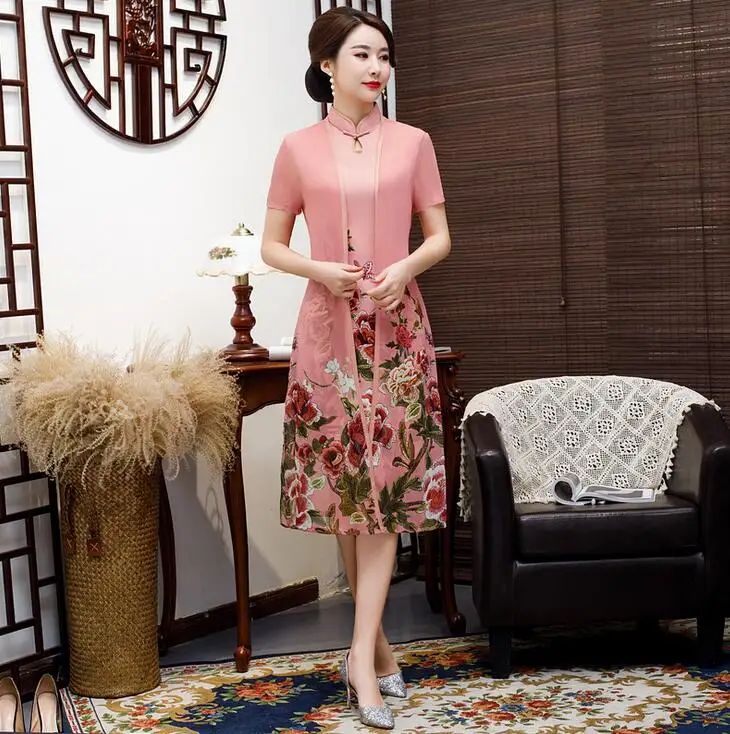 Бежевое винтажное платье в китайском стиле, 2 шт., Aodai Qipao, короткое платье Чонсам с принтом, женское традиционное китайское платье, размер M-4XL - Цвет: 8