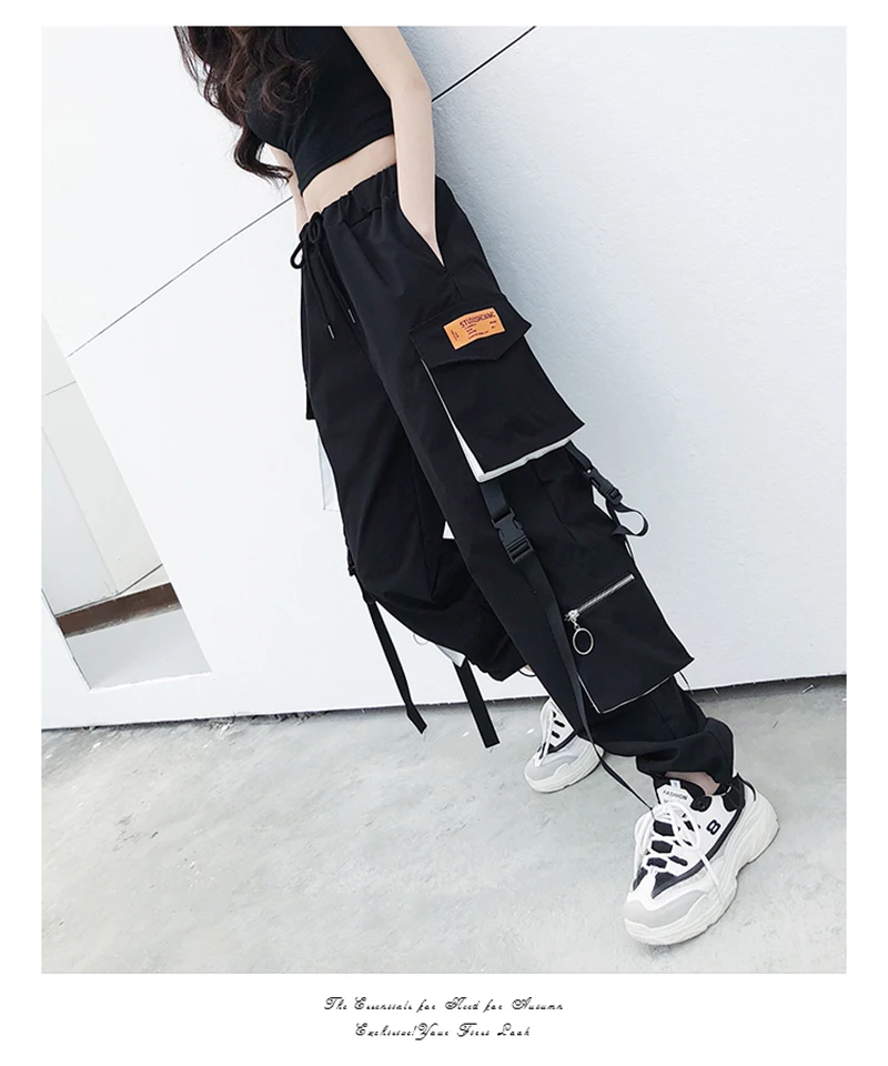 Горячие большие карманы Карго брюки для женщин Высокая талия Свободные уличные