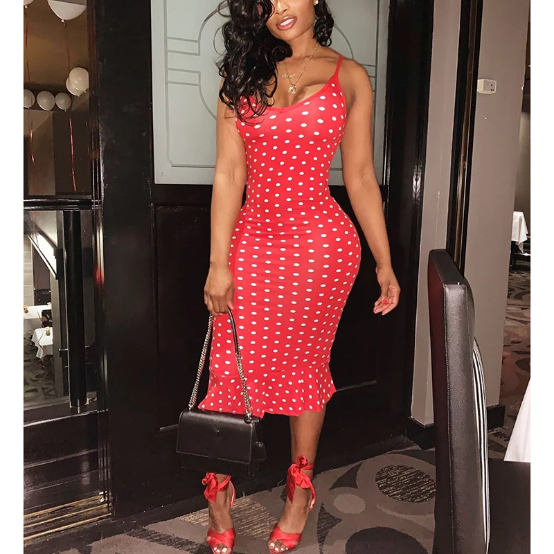 Женское летнее повседневное тонкое сексуальное платье в горошек с оборками