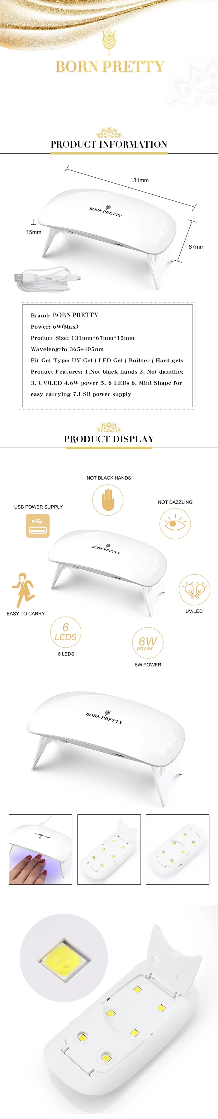BORN PRETTY 6 Вт Сушилка для ногтей Белый Розовый Светодиодный УФ-лампа Micro USB Гель-лак отверждения машина для ногтей сушилка для маникюра Инструменты