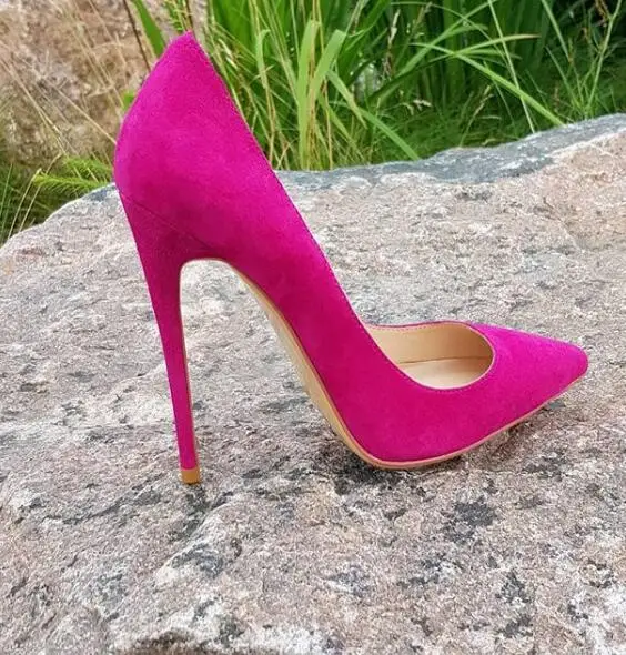 

Moraima Snc Sexy Pointed Toe High Heel Shoes Woman Rose Pink Suede Shallow Stiletto Heels 12CM Super High Party Dress Shoes