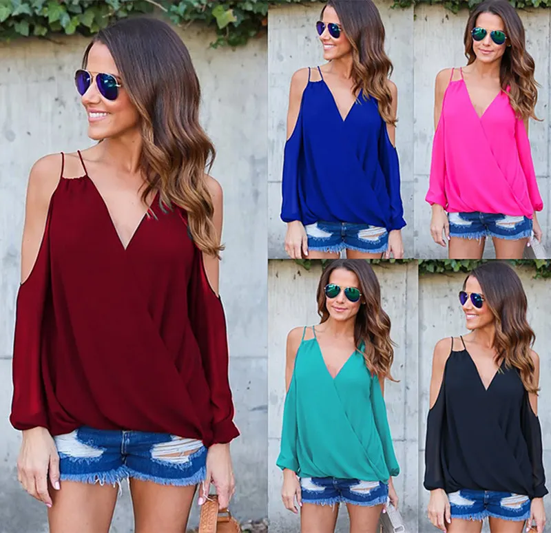 Шифоновая женская рубашка с открытой спиной и открытыми плечами 2018 модная туника