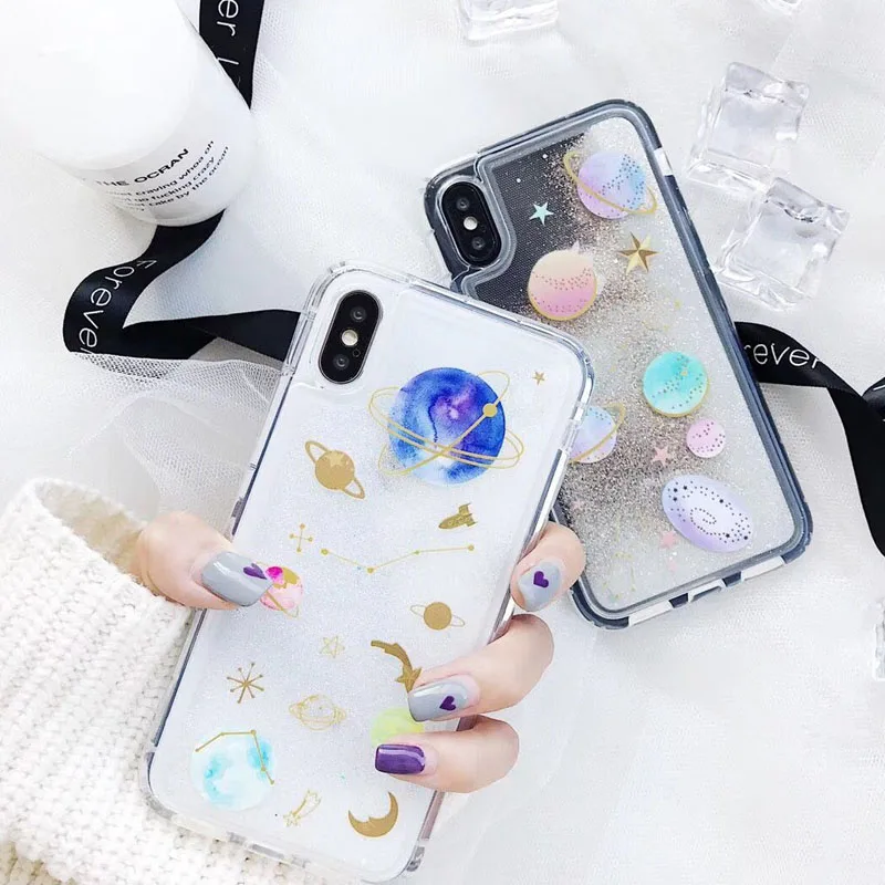 JiBan Universe Saturn Glitter Powder Cushion Mobile Phone Case For iPhone 6 6S 7 8 Plus X Cases Anti-fall Sandpaper Soft Sleeve | Мобильные