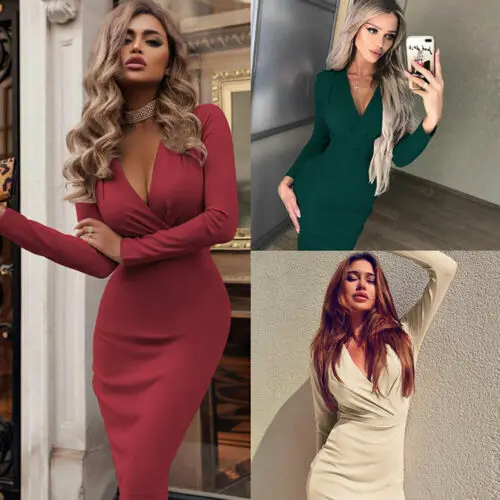 

Women Summer Long Sleeve V neck Bandage Bodycon Evening Party Dress High Waist Solid Pencil Dresses