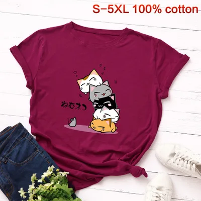 wine red S-5XL, новинка, принт с милой кошкой, женская футболка, хлопок, круглый вырез, короткий рукав, летняя маленькая футболка с крысами, топы, повседневные, плюс футболки - Цвет: wine red