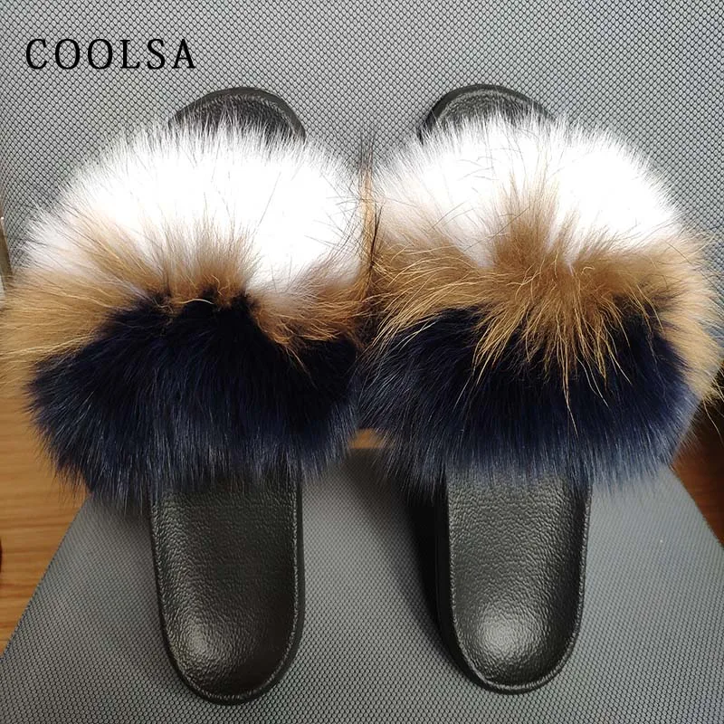 Coolsa/Лидер продаж; летние женские меховые тапочки; шлепанцы без задника с натуральным лисьим мехом; Дизайнерская обувь на плоской подошве; пушистые плюшевые туфли; женские комнатные тапочки; милые меховые тапочки; Pantufa - Цвет: blue raccoon white