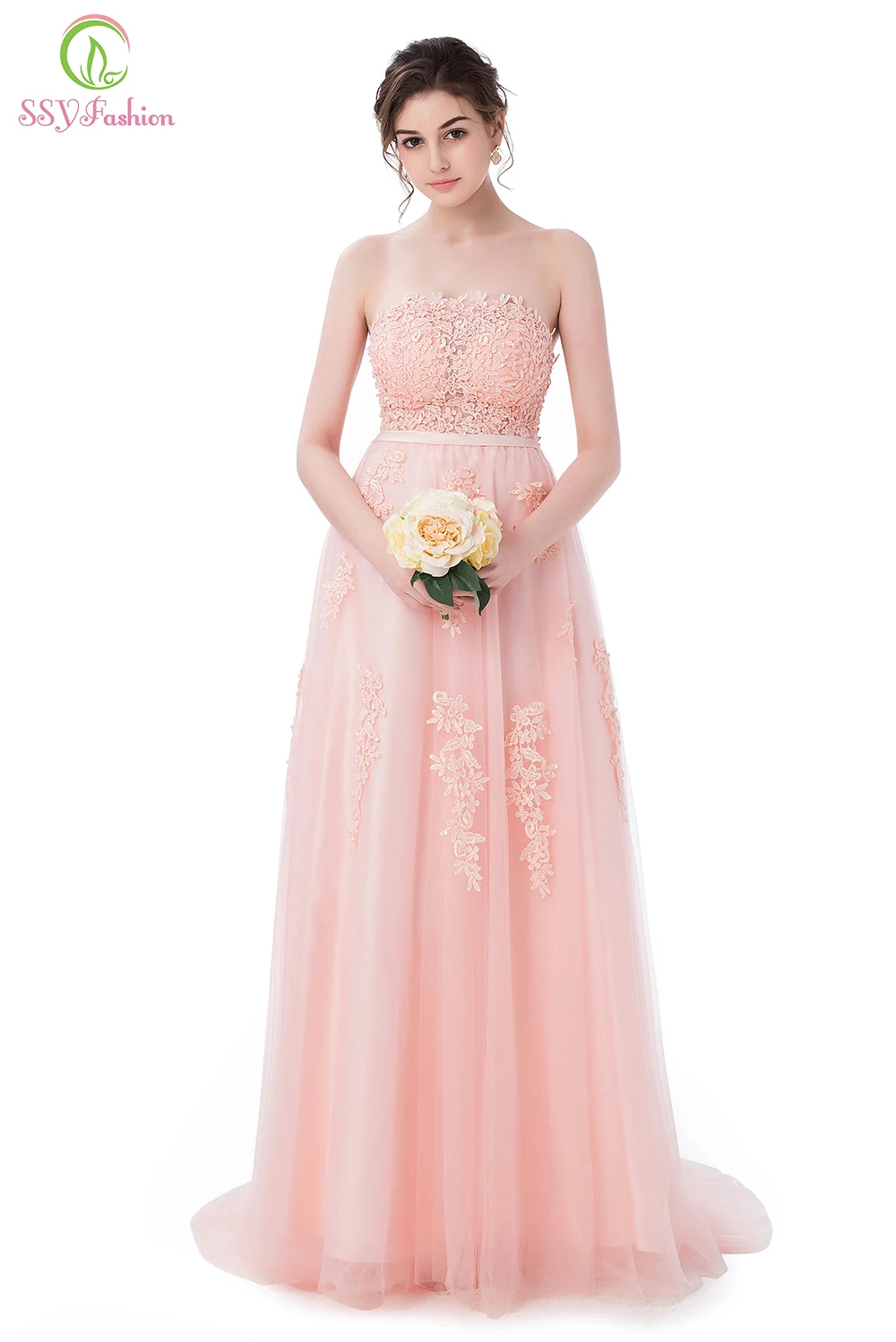 Распродажа милое Розовое Кружевное длинное вечернее платье невесты без бретелек