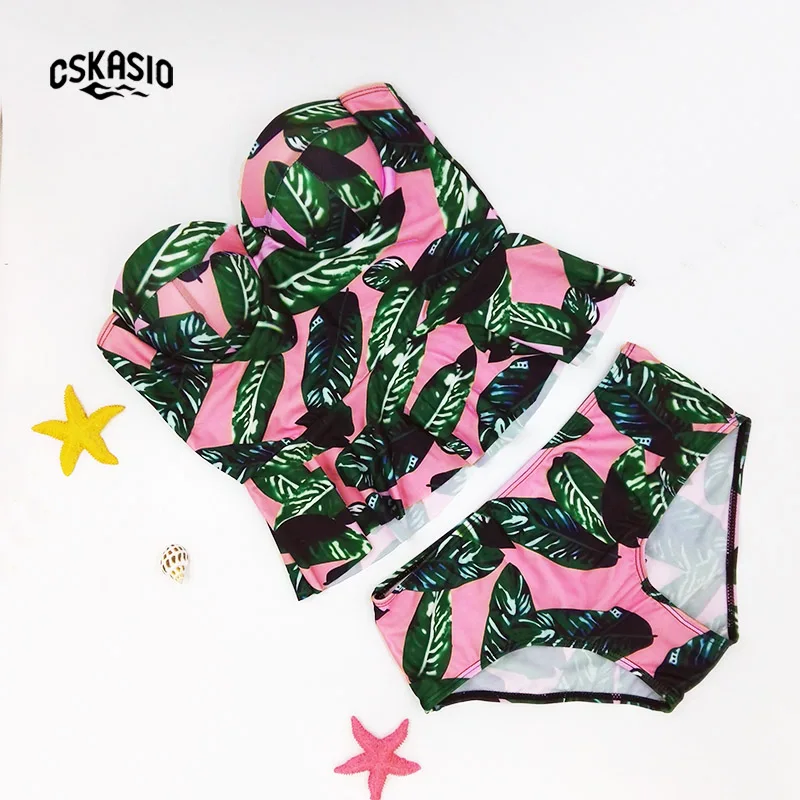 Женский винтажный купальник с принтом листьев высокой талией|bikini bebe|suit skibikini flag |