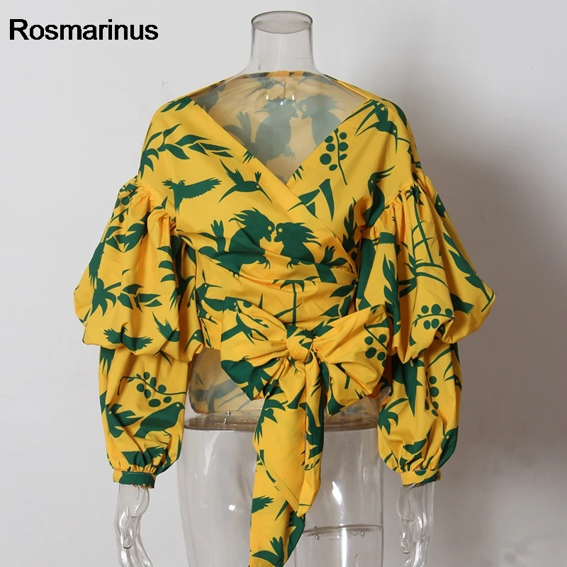 2018 блузка женская s фонарь рукав пояс с бантом Птицы Печать сорочка накидка