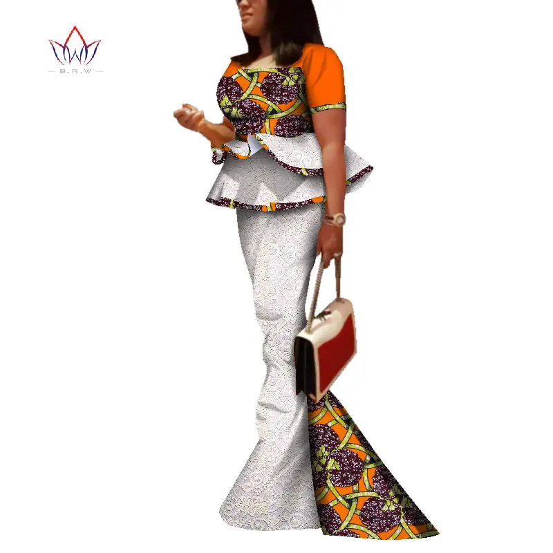 2018 Custom African Women Ruffles Top and Tail Skirt Sets Bazin Riche Traditional African Dashiki Dress for Women Vestidos WY293