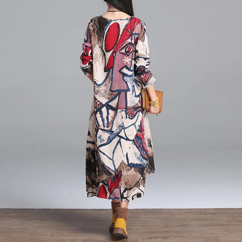 Женское платье с длинным рукавом винтажное большого размера из хлопка и льна