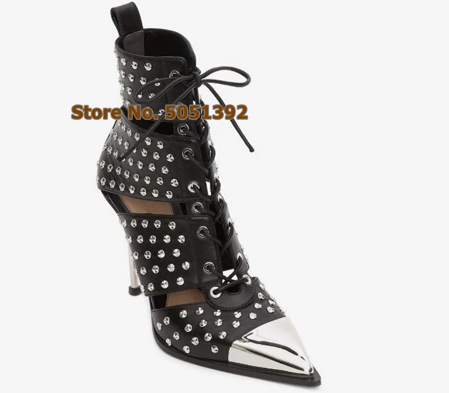 Женские босоножки на высоком каблуке с перекрестной шнуровкой металлическими