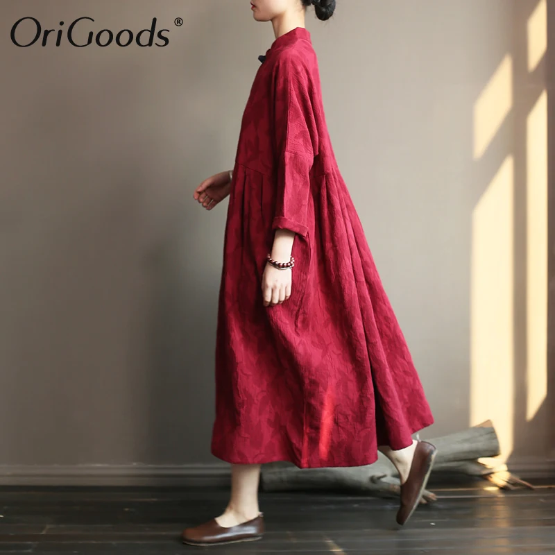 OriGoods Long sleeve Women Dress Chinese style Spring Autumn 2019 Plus size Vintage Cotton Linen Elegant A397 | Женская одежда