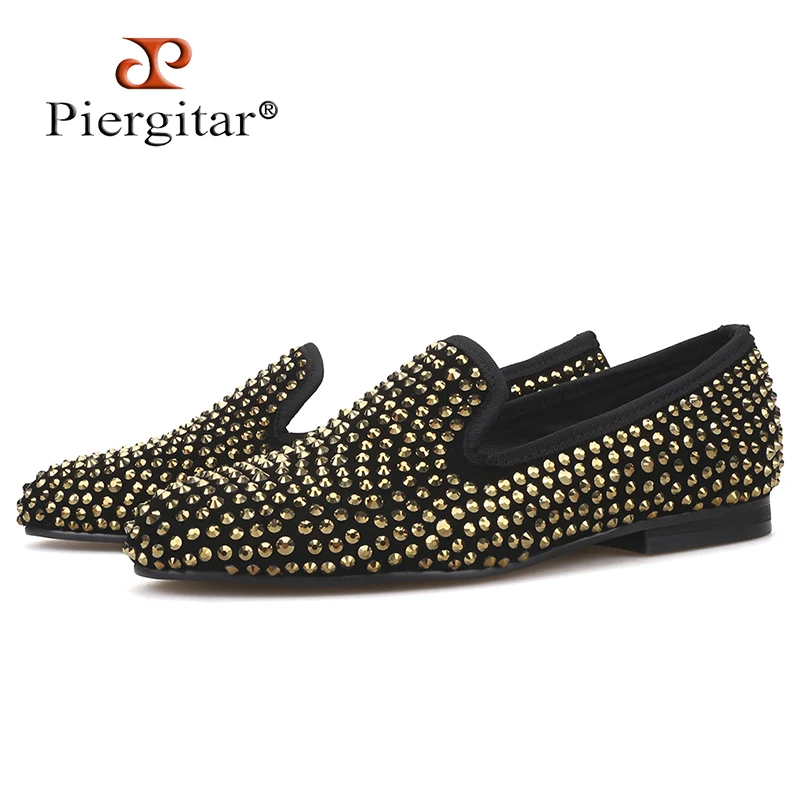 Фото Женские замшевые туфли Piergitar ручной работы с золотыми кристаллами лоферы для