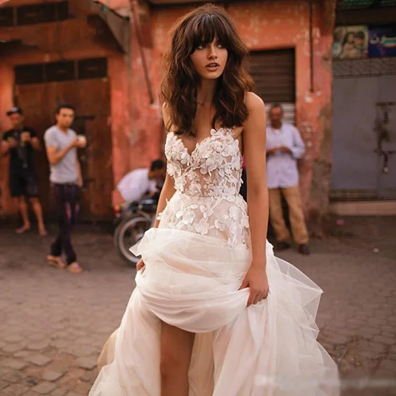 2019 Princess Wedding Dress Sweetheart Applique with Flowers Shape Tulle Backless Bohemian Professional custom | Свадьбы и торжества