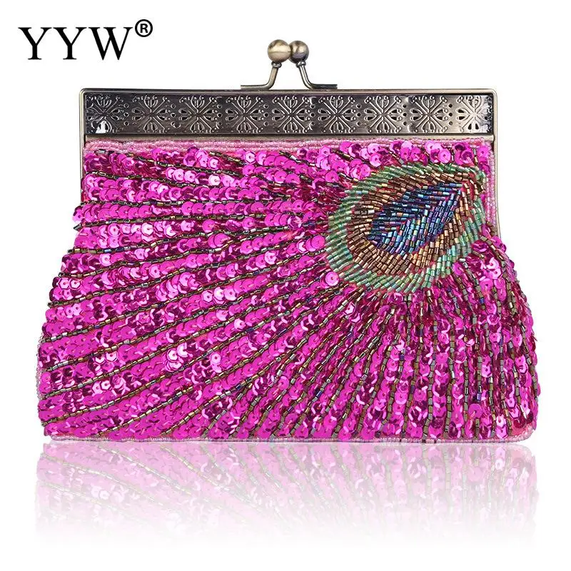 bright rosy red Женская вечерняя сумка с рисунком павлина и хвоста, клатч с маленькими стеклянными бусинами - Цвет: bright rosy red