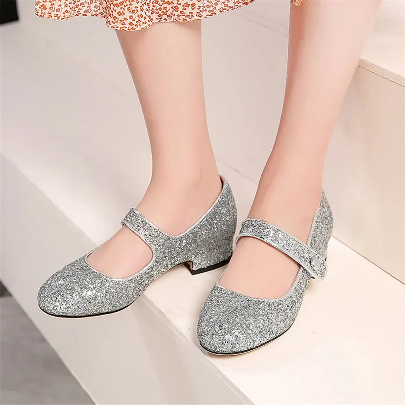 Silver Женские туфли-лодочки mary janes на низком квадратном каблуке с круглым носком, расшитые блестками; Цвет серебристый, золотой; свадебные вечерние женские туфли в стиле «Лолита» на застежке-липучке - Цвет: Silver