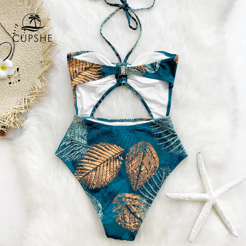 CUPSHE зеленый и золотой Листья печати Холтер цельный купальник женский открытая