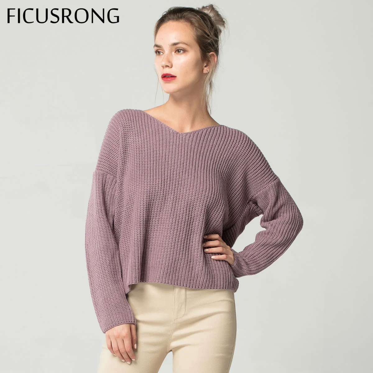 2019 V Neck Twisted Back Sweater Women Jumpers Autumn Pullovers Casual Tops Long Sleeve Knitted Sweaters pull femme FICUSRONG | Женская