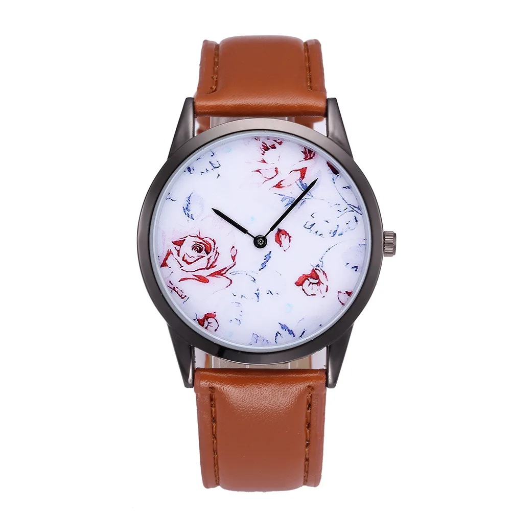 Модные женские часы для девочек повседневный цветочный циферблат кожаный