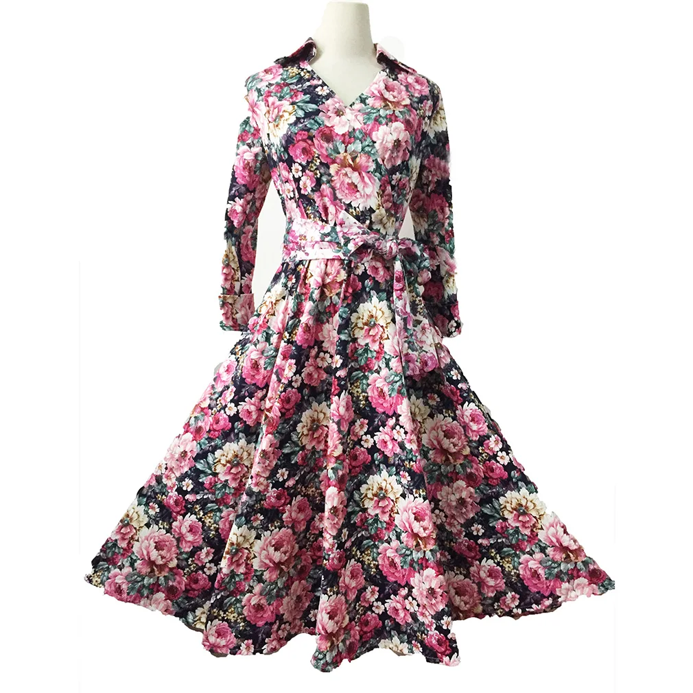 Женщины 50 s Старинные Платья Vestidos Халат Дамы Полный Рукава Цветочным Принтом