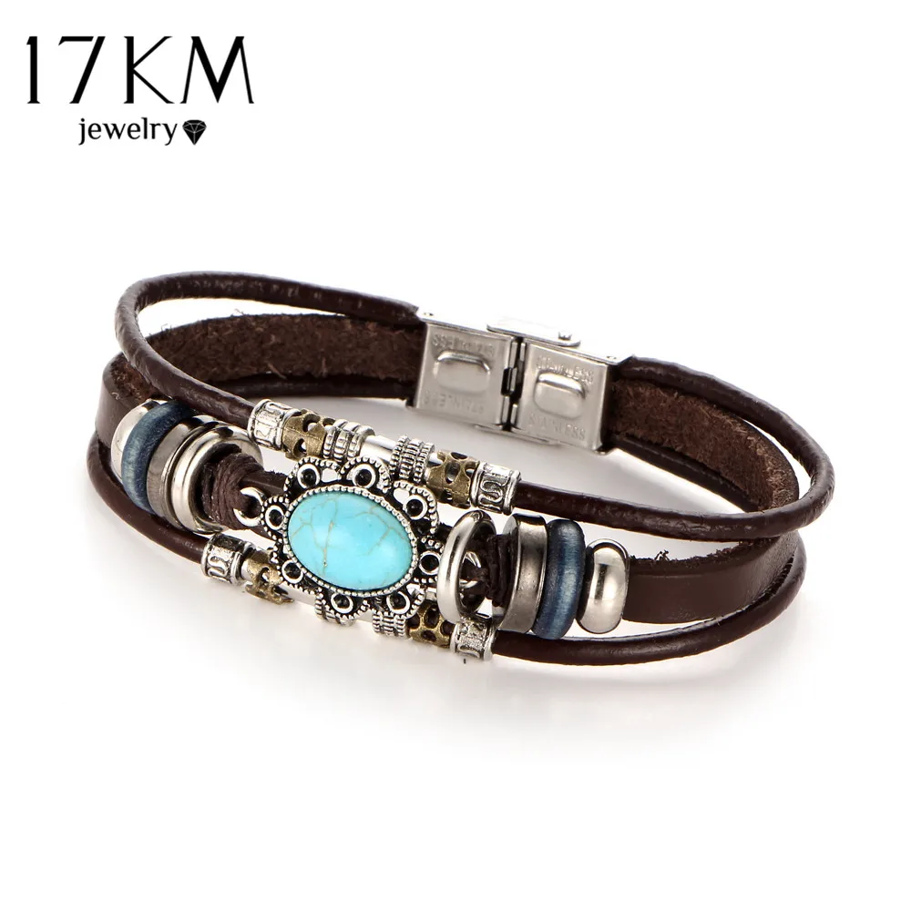 17 км 2 Стиль Vintage Цветочные браслеты и браслет Boho несколько слоев кожаный ручной