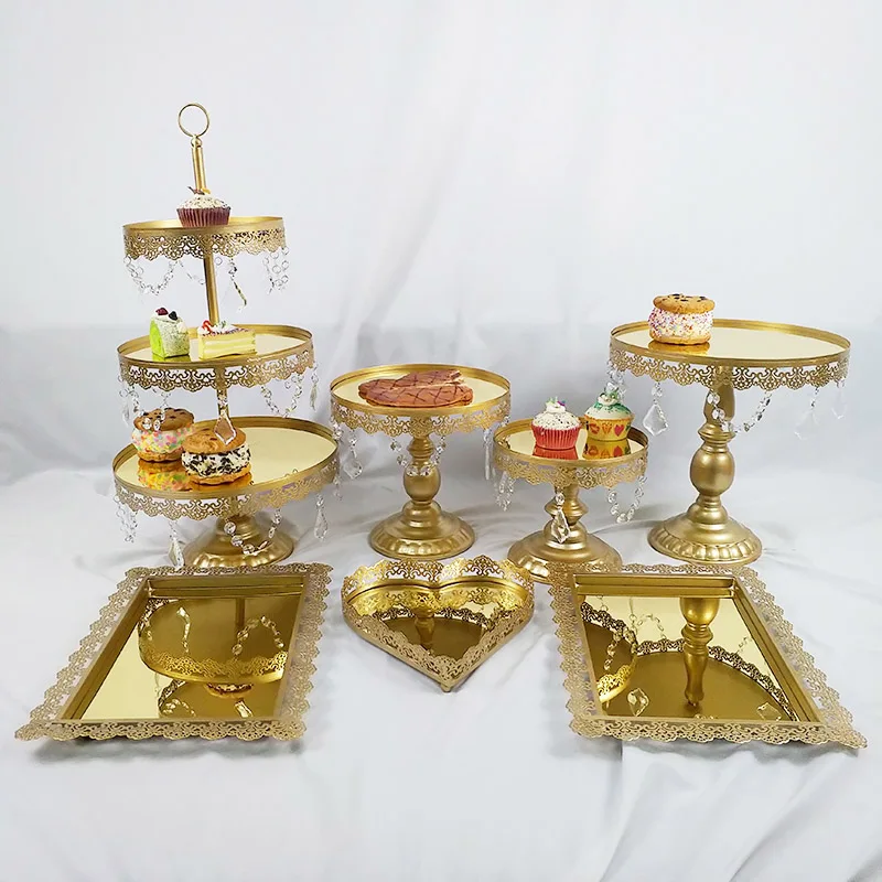 Mirror gold 7pcs 5-18 шт Золотая подставка для торта круглые подставки для кексов металлическая подставка для десерта с подвесками и бусинами, золото - Цвет: Mirror gold 7pcs