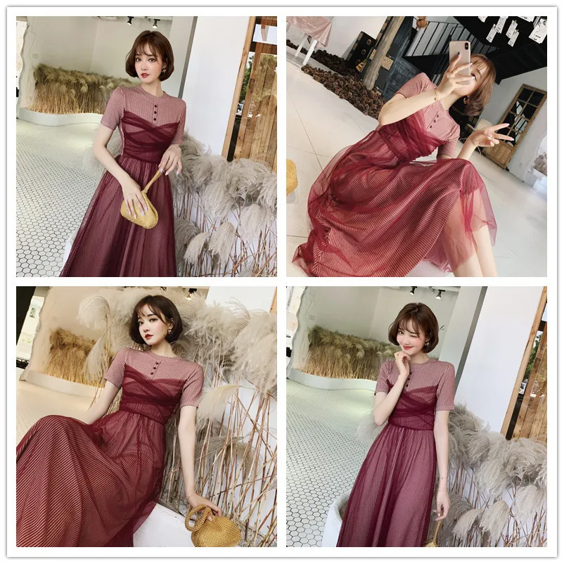 

S-XXL Plus Size 2019 Summer Dress Women Mesh Patchwork Striped Empire Midi Dress Women Empire Casual Elegant Dresses Ladies Robe