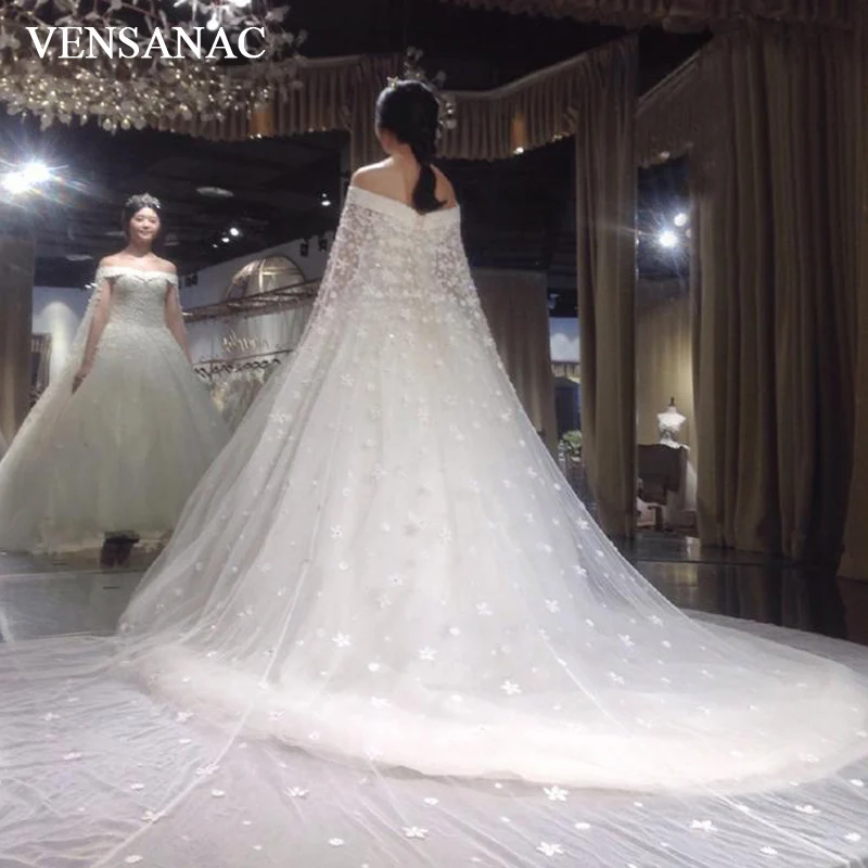 

Кружевное бальное платье VENSANAC 2018 с вырезом лодочкой и цветочной аппликацией, женское свадебное платье с коротким рукавом и шлейфом