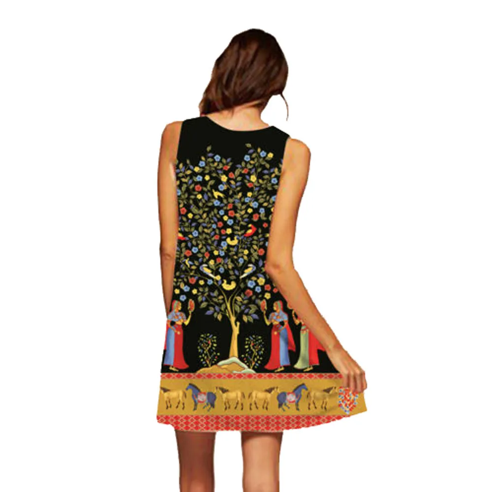 Винтаж Boho для женщин летние без Рукавов Пляж Печатных Короткое мини платье дамы