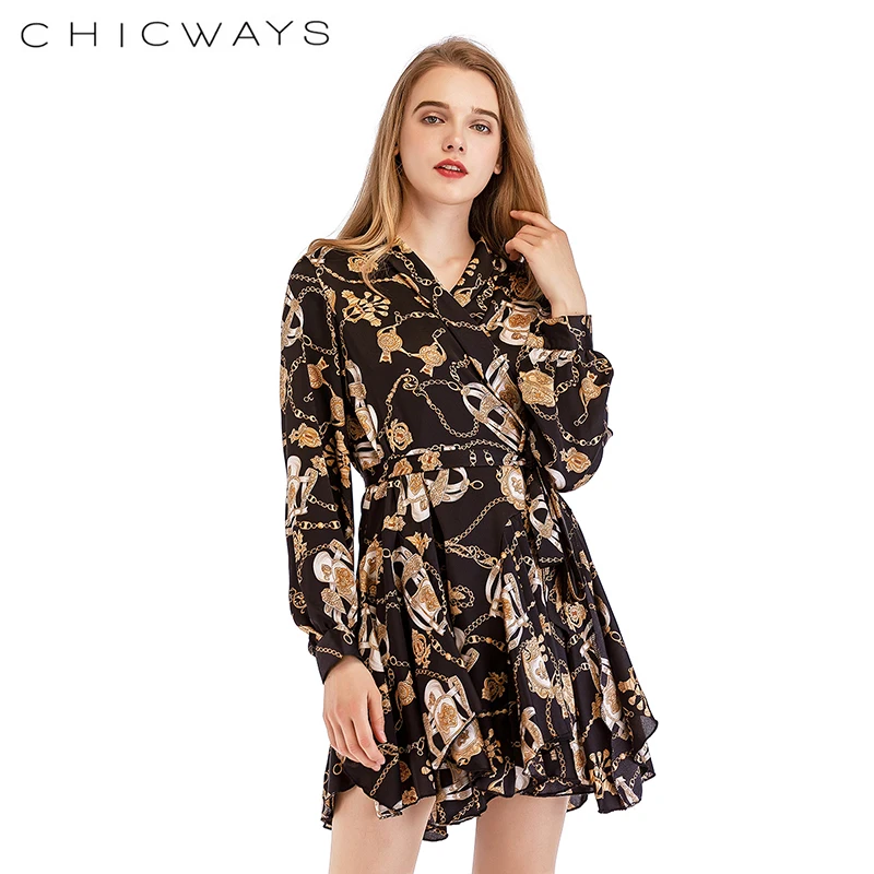 Chicways с длинным рукавом принтом лето осень высокие уличные платья женские