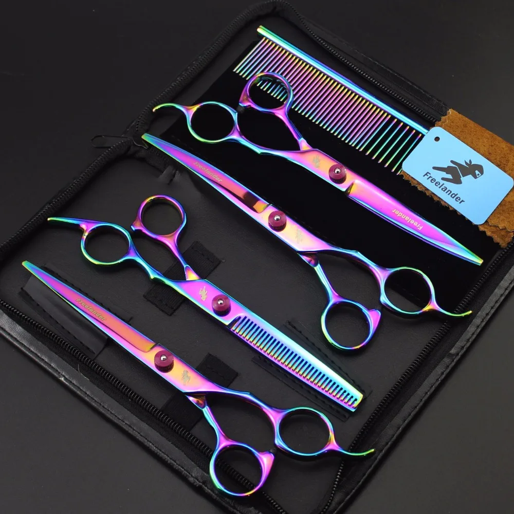 

7.0 inch colorful plating 4 sets of beauty scissors high-end hairdressing scissors pet beauty salon set to send steel comb