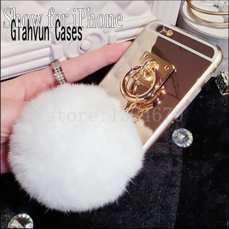 Зеркальный чехол мягкий пушистый теплый помпон с искусственным кроличьим мехом