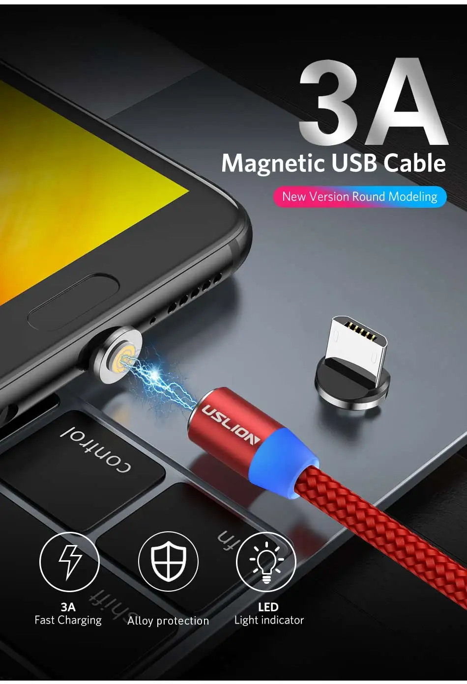 USLION Micro USB Магнитный кабель type-C Магнитный кабель для зарядки телефона 1 м 3 А Быстрая зарядка Android type C провод для huawei P30 samsung
