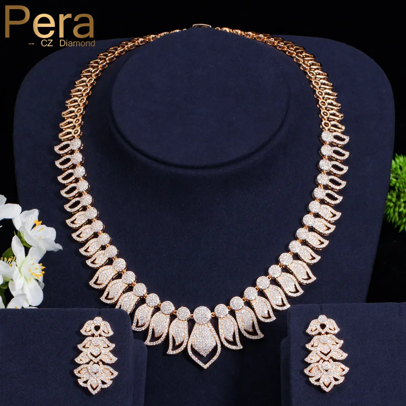 

Pera Luxury African And Nigerian Bridal Wedding Party Jewelry Big Statement Cubic Zirconia Necklace Earrings Set For Brides J017