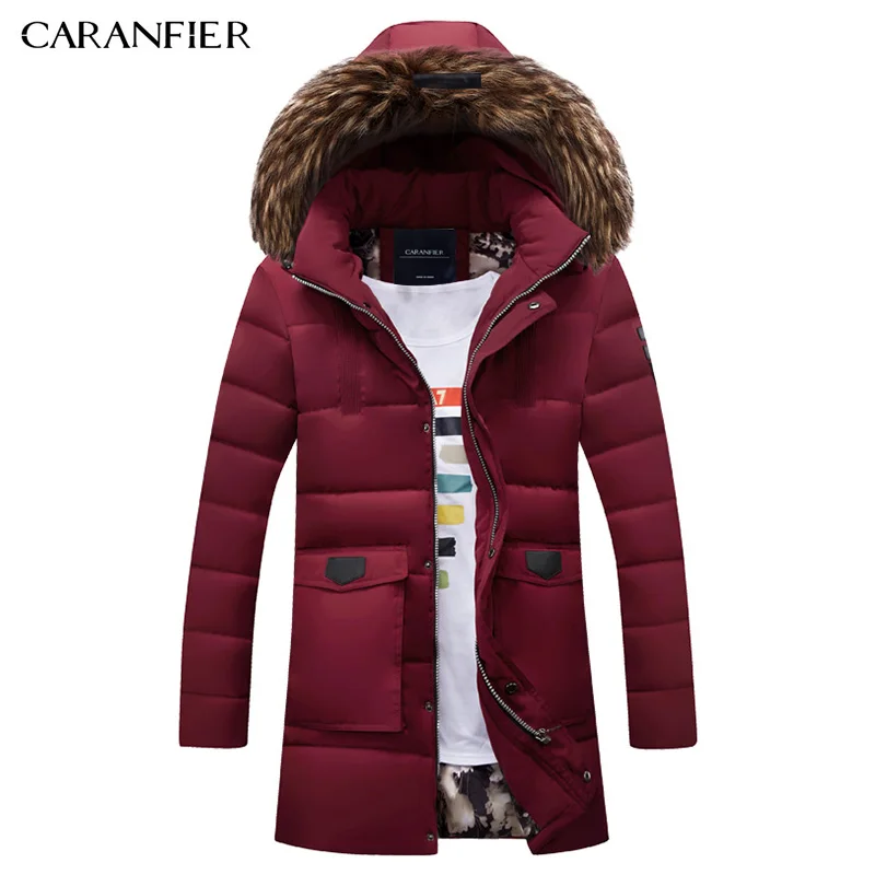 Caranfier новая зимняя длинная парка Для мужчин пальто куртки верхняя одежда мода капюшон мягкий стеганый теплый мужской Куртки Мех воротник с капюшоном Повседневное - Цвет: Красный