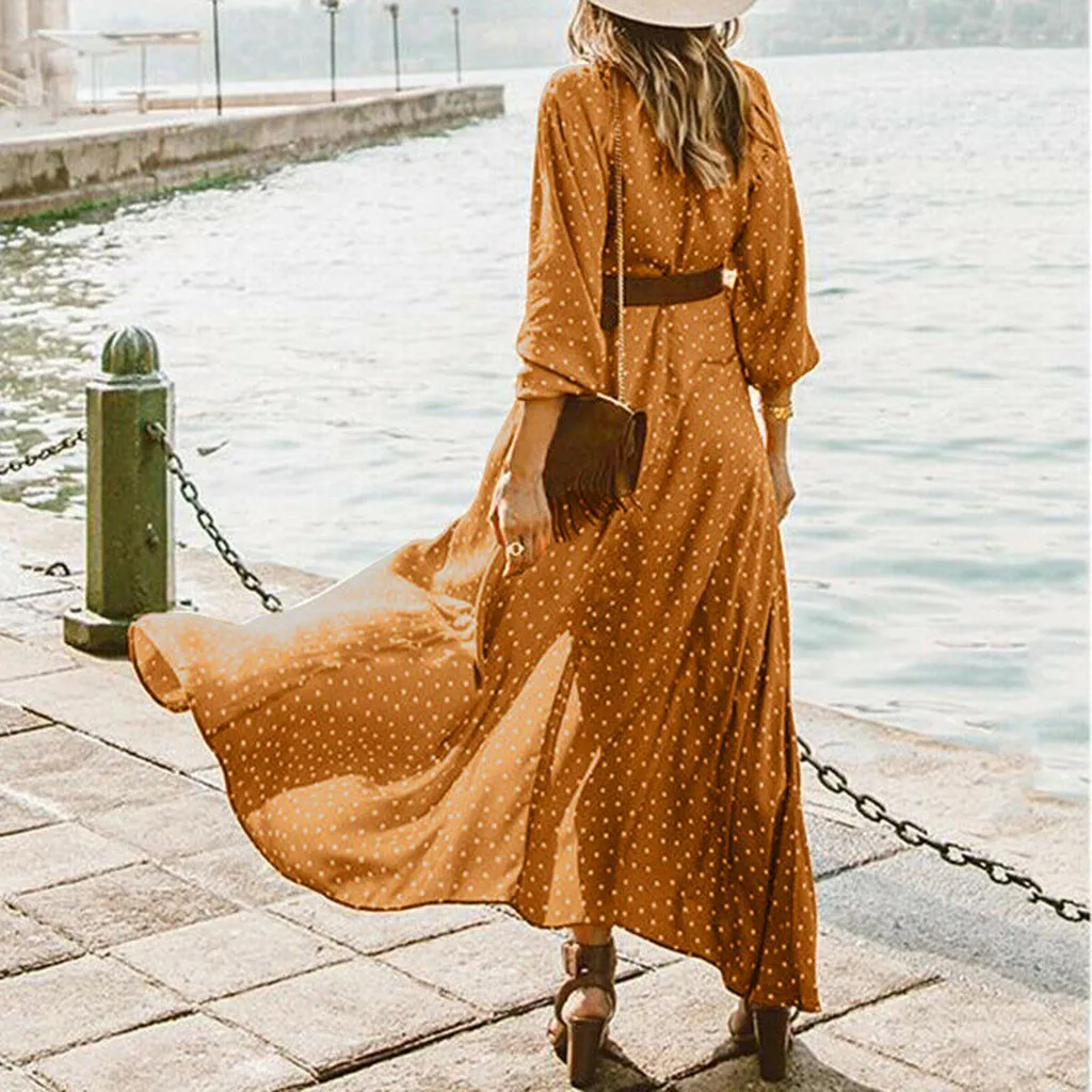 

Women Dresses Women Casual Split Diurnal Boho V Neck Dot Printed Holiday Sexy Party Long Dress vestidos femininos