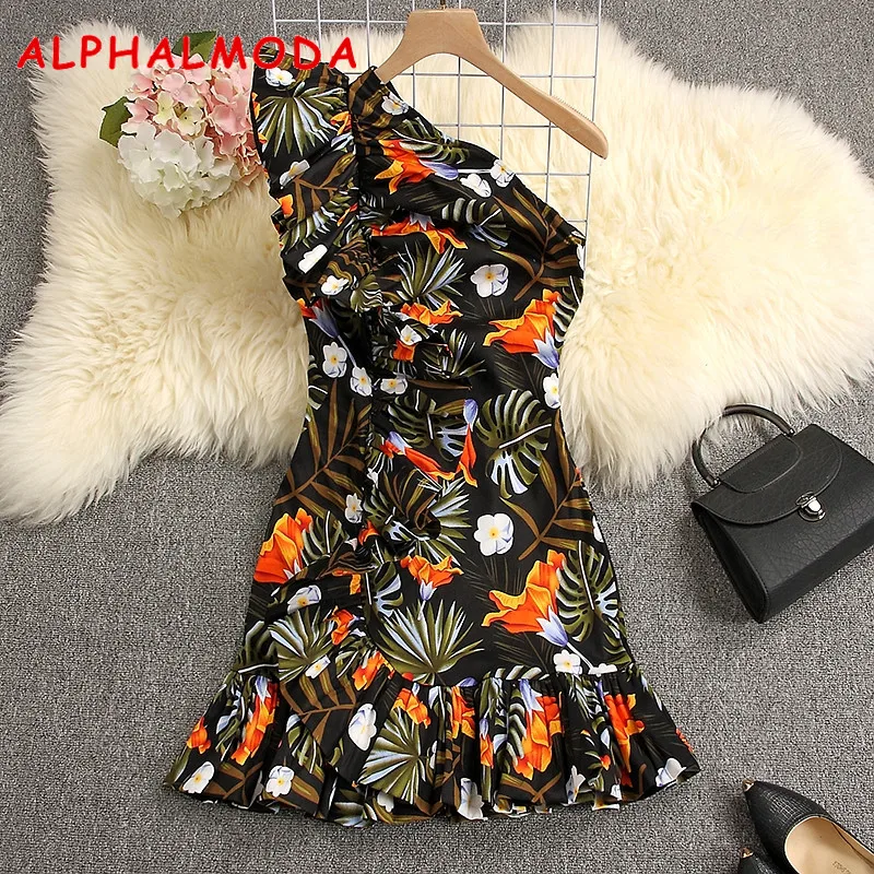ALPHALMODA, весна, женские стильные вечерние платья, на одно плечо, с оборками, с цветочным рисунком, очаровательные, тянущиеся, Vestidos, облегающее, мини, летнее платье