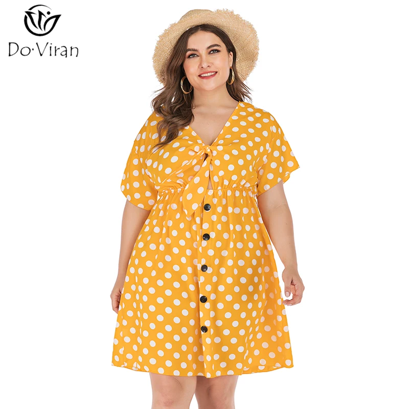Летнее женское платье плюс размер с v образным вырезом желтая точка ретро Макси