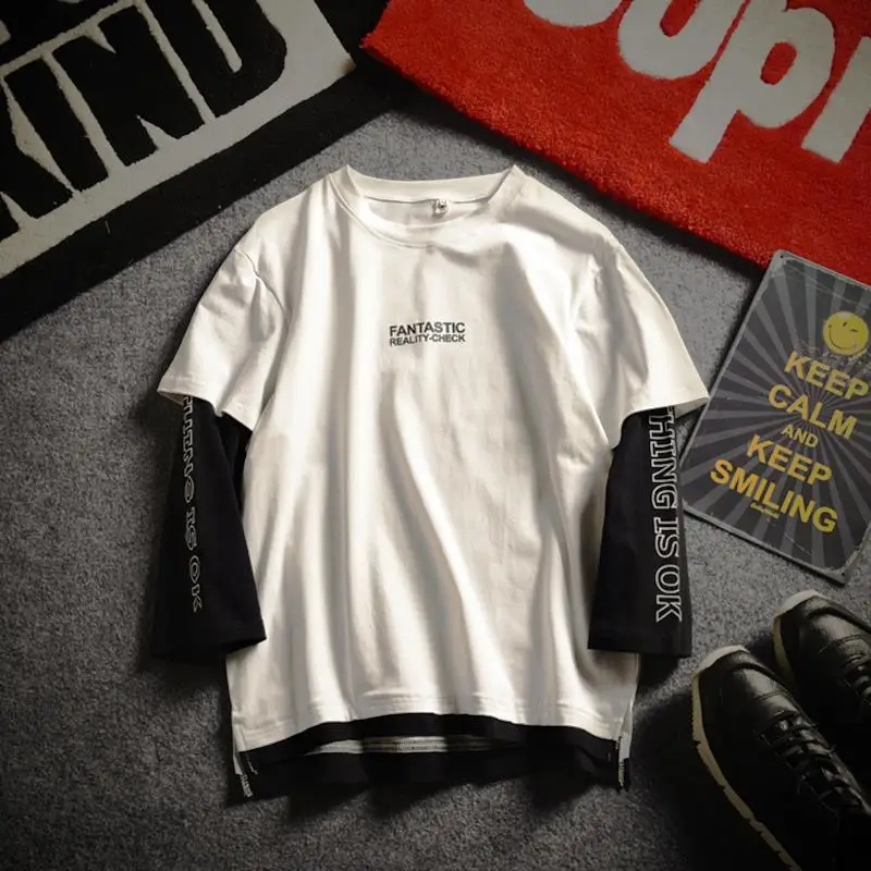 Новинка 2017 одежда для подростков модная Лоскутная футболка из двух частей с