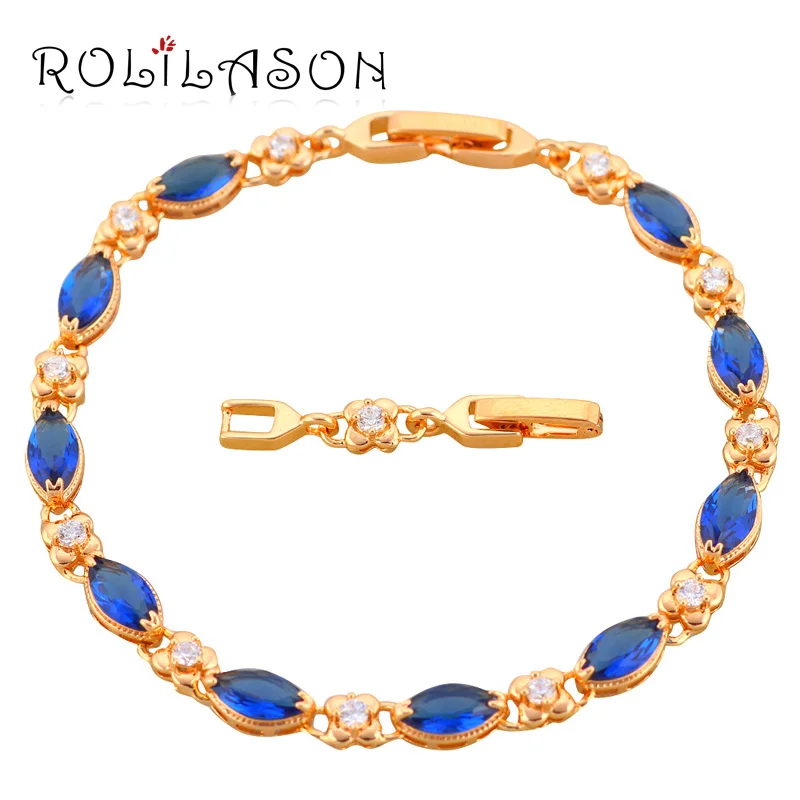 Rolilason высокое качество Золото Тон Синий Циркон дизайн Браслеты для женщин