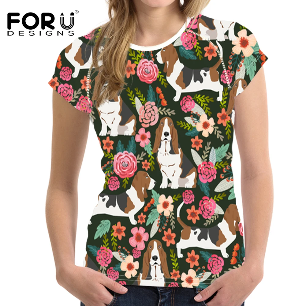 

FORUDESIGNS Cute Cartoon Basset Hound Print Women T Shirt Teenagers Kawaii Puppy T-shirt for Girls Floral Pattern Tee Shirt Tops